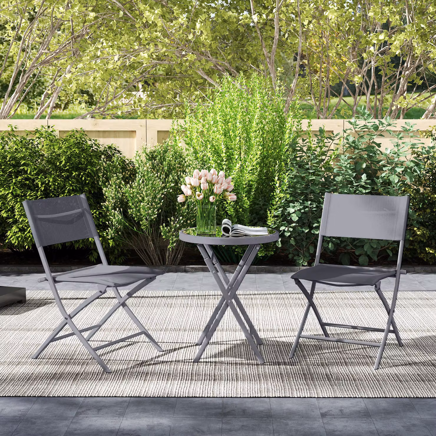 Outsunny 3 Piece Outdoor Bistro Set with Round Glass Top Table and 2 Folding Chairs in Grey – 7