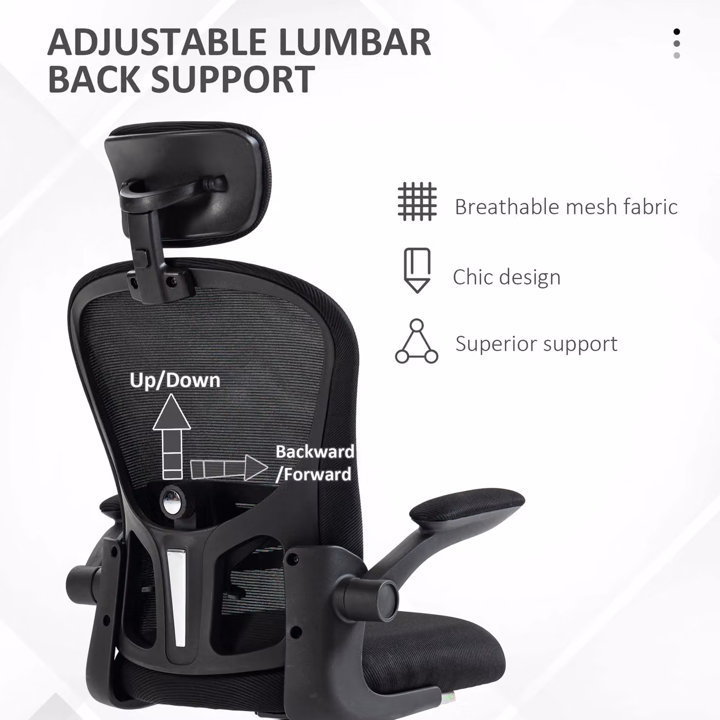 Vinsetto Black Mesh Task Chair with Headrest, 4D Lumbar Support and Flip-up Armrests – 5