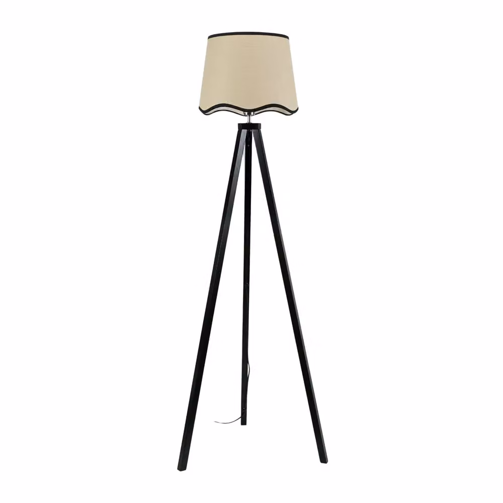ValueLights Barbro Black Wood Tripod Floor Lamp with Fabric Scallop Shade and LED Bulb, H 153 cm x W 35 cm x D 35 cm – 2