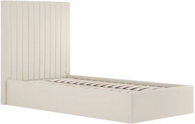 Lemon Pavilion Furniture Berlin Tall Ottoman Single Bed Frame in Beige Upholstered Fabric with Lift Up Base
