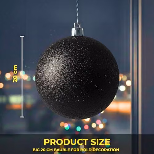 Shatchi Black Glitter Christmas Bauble, Round Plastic Hanging Ornament, Diameter: 20 cm – 5