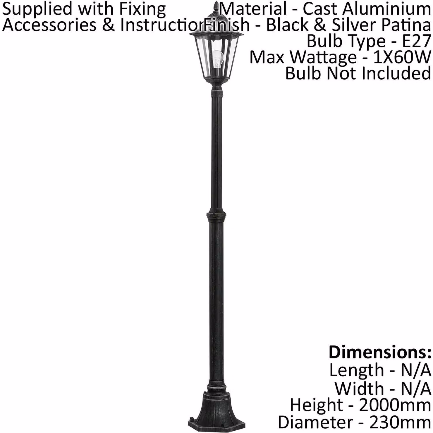 Loops IP44 Outdoor Bollard Light Black and Silver Aluminium Lantern with 200cm Post and E27 60W Socket – 2