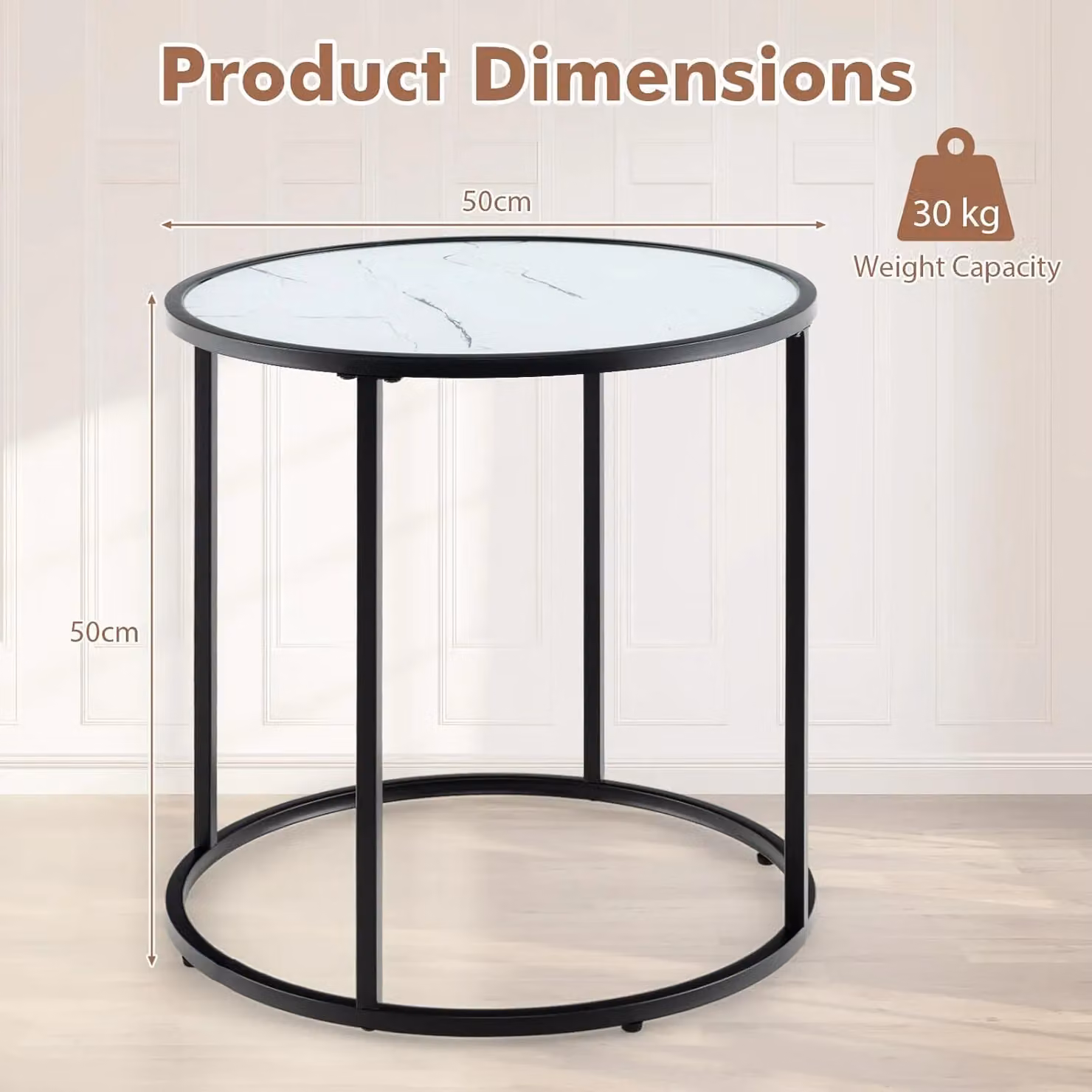 Gymax Round Glass End Table with Black Faux Marble Effect and Metal Frame, Diameter: 50 cm – 3