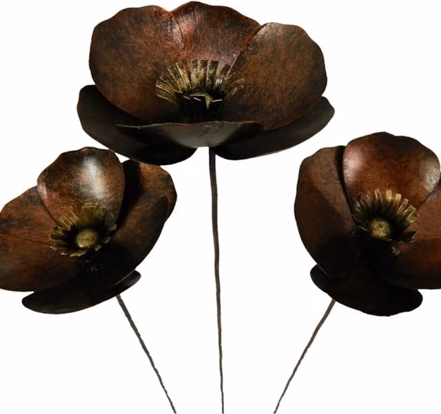 Set of 3 Metal Poppies on 100cm Stick in Bronze