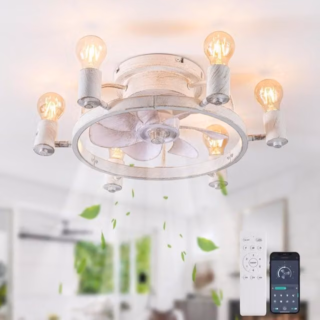 Garwarm Industrial Ceiling Fan with 6 Lights, White and Copper, Diameter: 52 cm