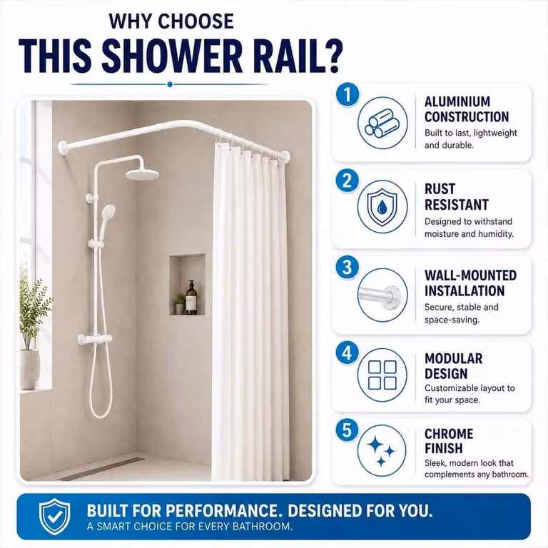 FLAVORA White Adjustable U-Shaped Corner Shower Curtain Rail, W: 100 cm, D: 40 cm