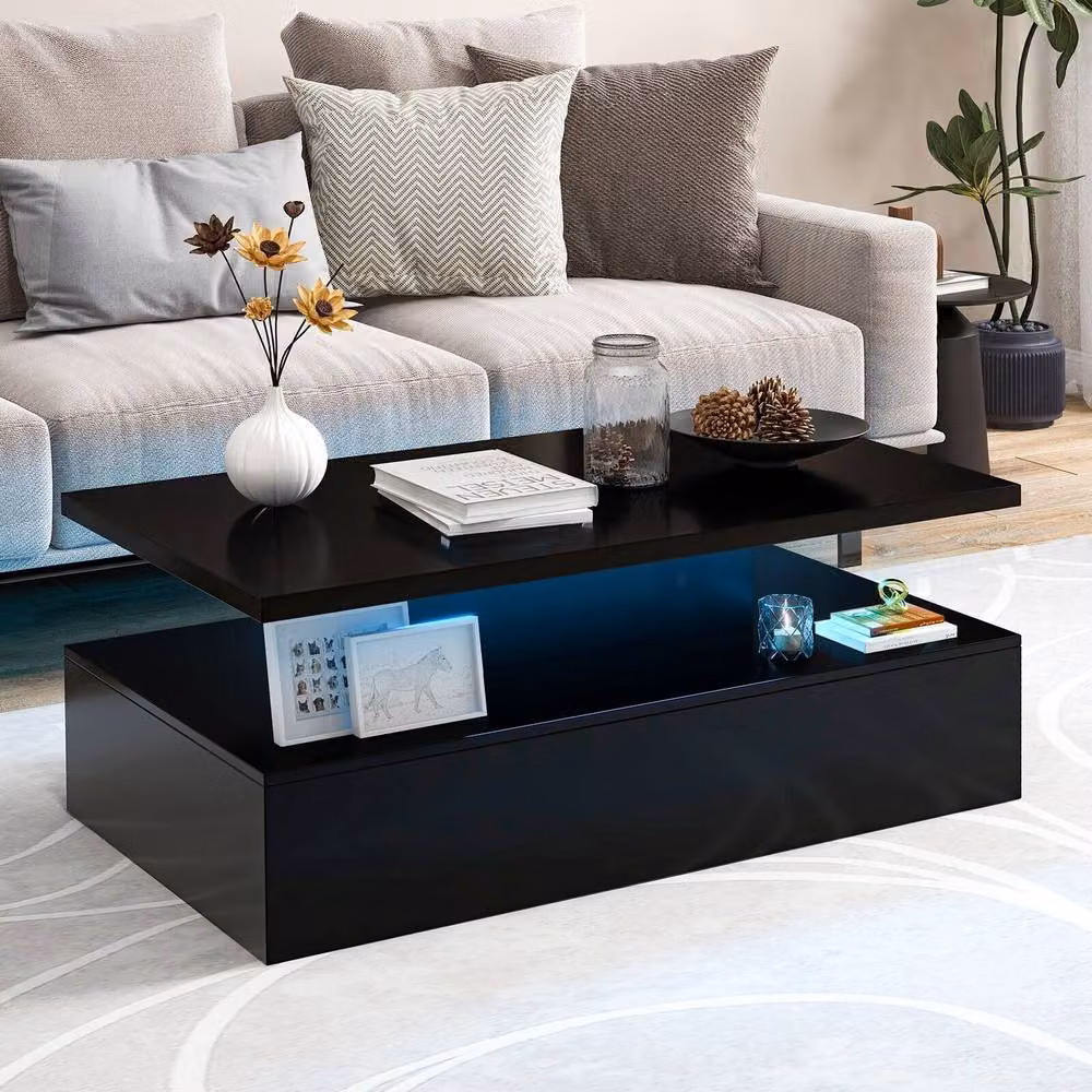 Costway Modern 2-Tier Rectangular Coffee Table with Adjustable LED Light in Black – 3