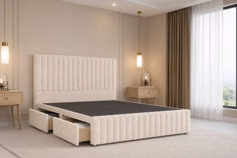 Nexus Mattresses Ltd Verona Teddy Divan Set with 2 Drawers and Headboard and Footboard in Beige Boucle, W/D/H: 200 x 200 cm, Super King