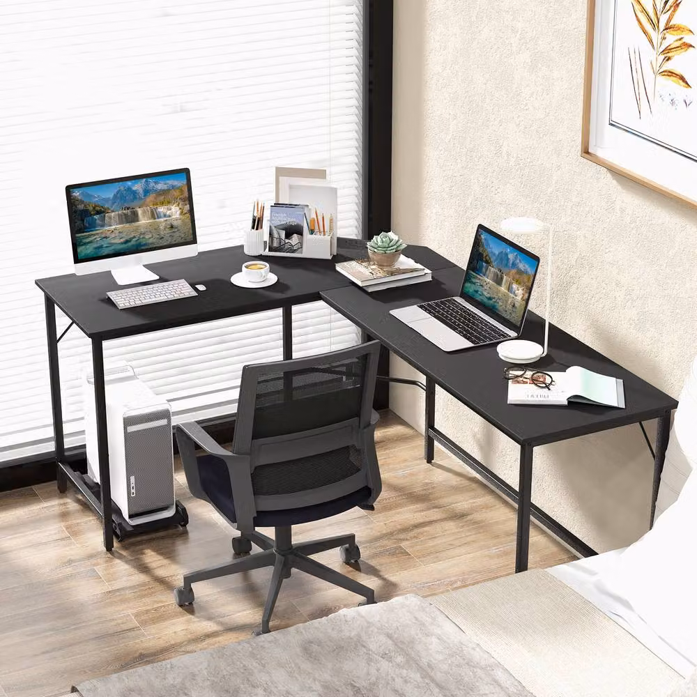 Costway L-Shaped Corner Home Office and Gaming Desk with CPU Stand in Black – 4