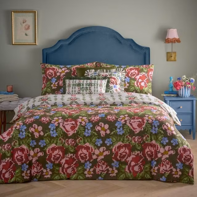 Make it a Home Reversible Cottage Floral Duvet Cover Set, Green, Pink and Multicolour, 90 x 190 cm