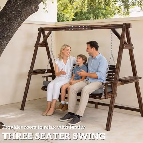Outsunny 3 Seater Wooden Garden Swing Seat with Cushions and Side Trays in Grey or Brown – 3