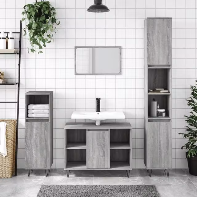 Berkfield Home 3 Piece Modern Grey Bathroom Furniture Set with Vanity Unit and Hinged Doors – 1