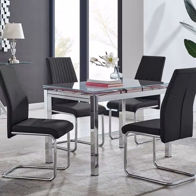 FurnitureboxUK Enna White Glass Extending 4-6 Seater Dining Table and 4 Lorenzo Black Faux Leather Chairs – 1