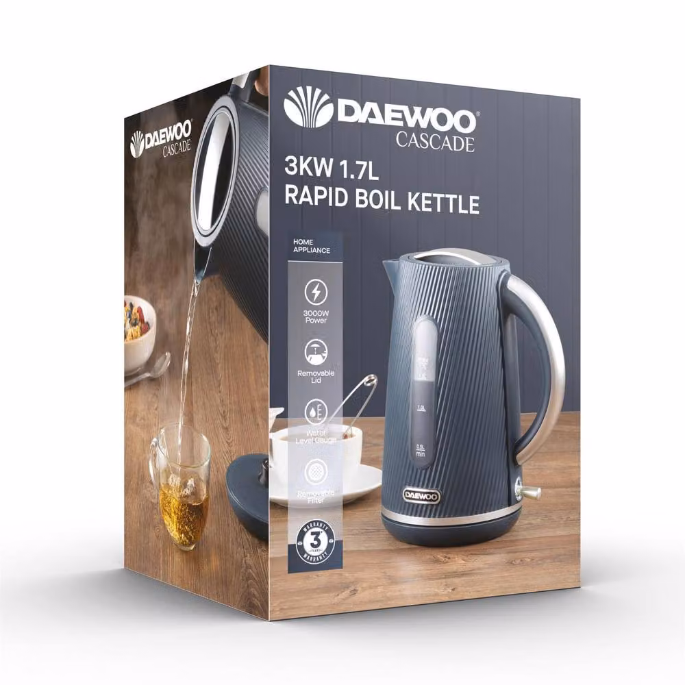 Daewoo Cascade 2500W Fast Boil Electric Kettle in Navy Blue with Modern Ribbed Matt Finish – 4