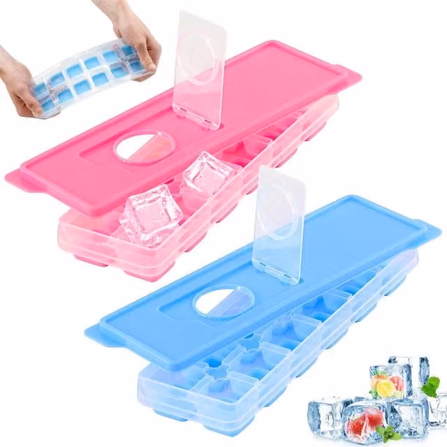 GEEZY Set of 2 Multicolour Blue Silicone and Plastic Airtight Ice Cube Trays with Lids