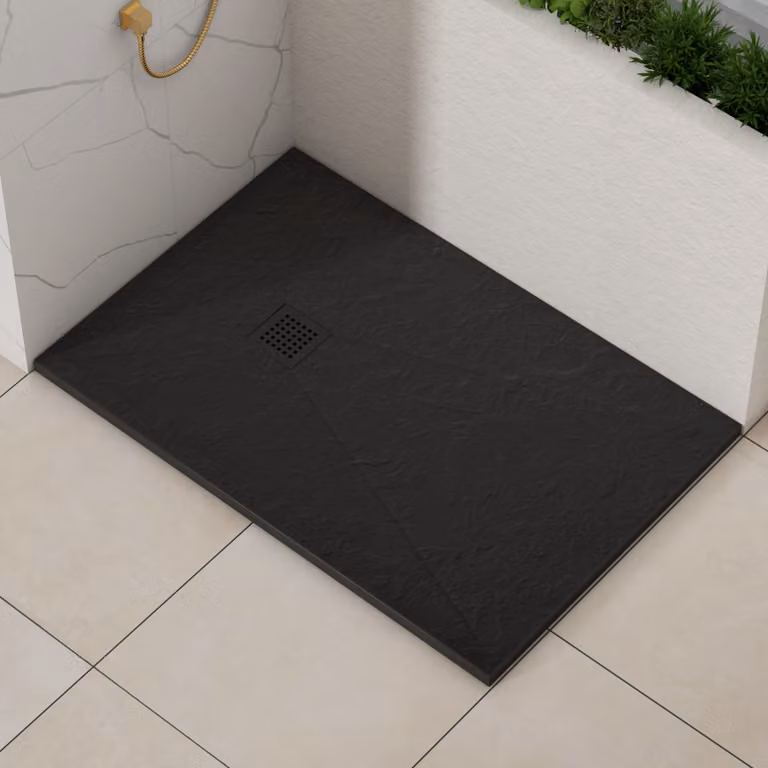Luxor Rectangular Black Slate Effect Mineral Cast Stone Shower Tray with Black Grate, W: 160 cm, D: 90 cm, H: 3 cm