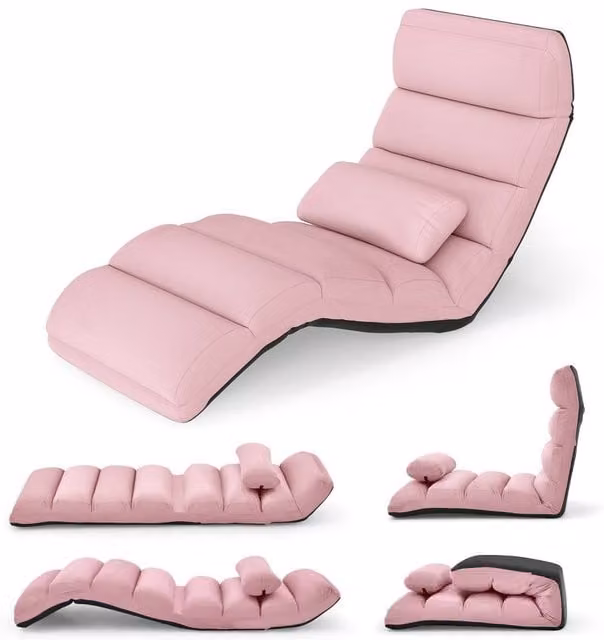 Gymax Pink Upholstered Microfibre Floor Chaise Lounge and 5-Position Foldable Gaming Seat