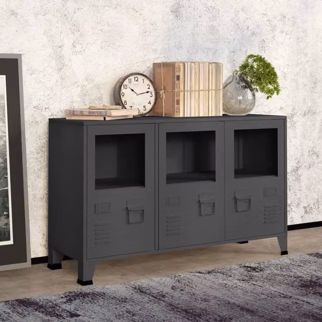Berkfield Home Industrial Sideboard in Anthracite and Black Metal and Glass, W/D/H: 105 x 35 x 62 cm