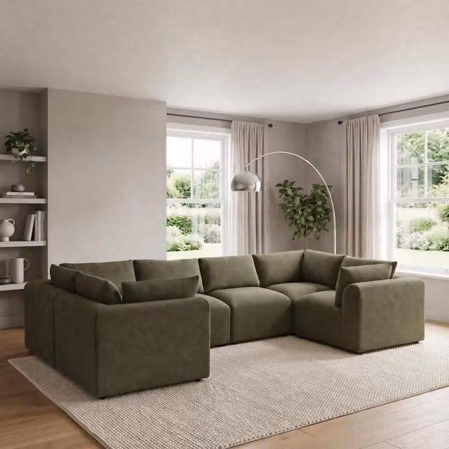 Furniturebox UK Drift 5 Seater U-Shaped Modular Corner Sofa in Green Boucle Fabric