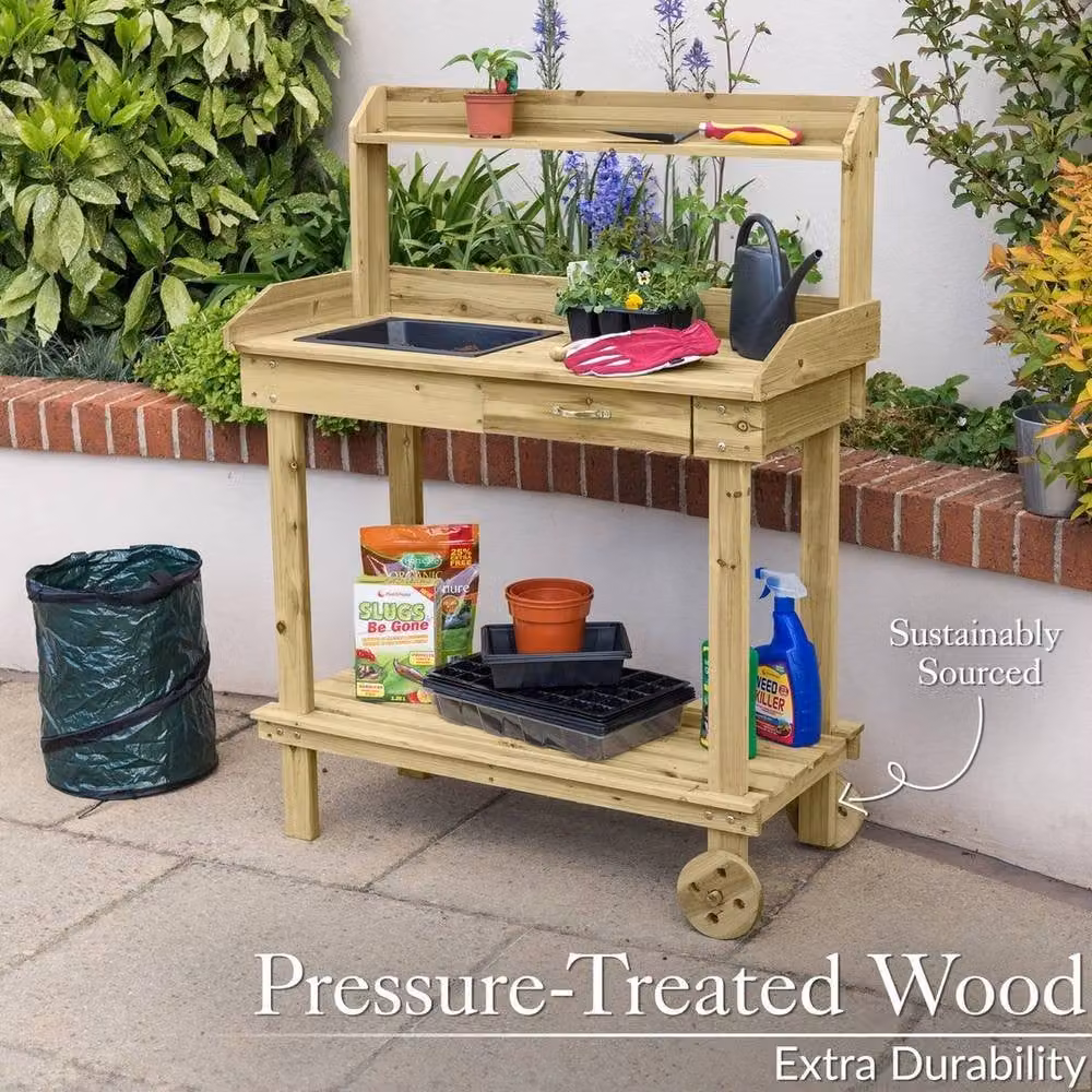 NESTLUNE Wooden Garden Potting Table Bench in Beige, W: 100 cm, D: 15 cm – 2