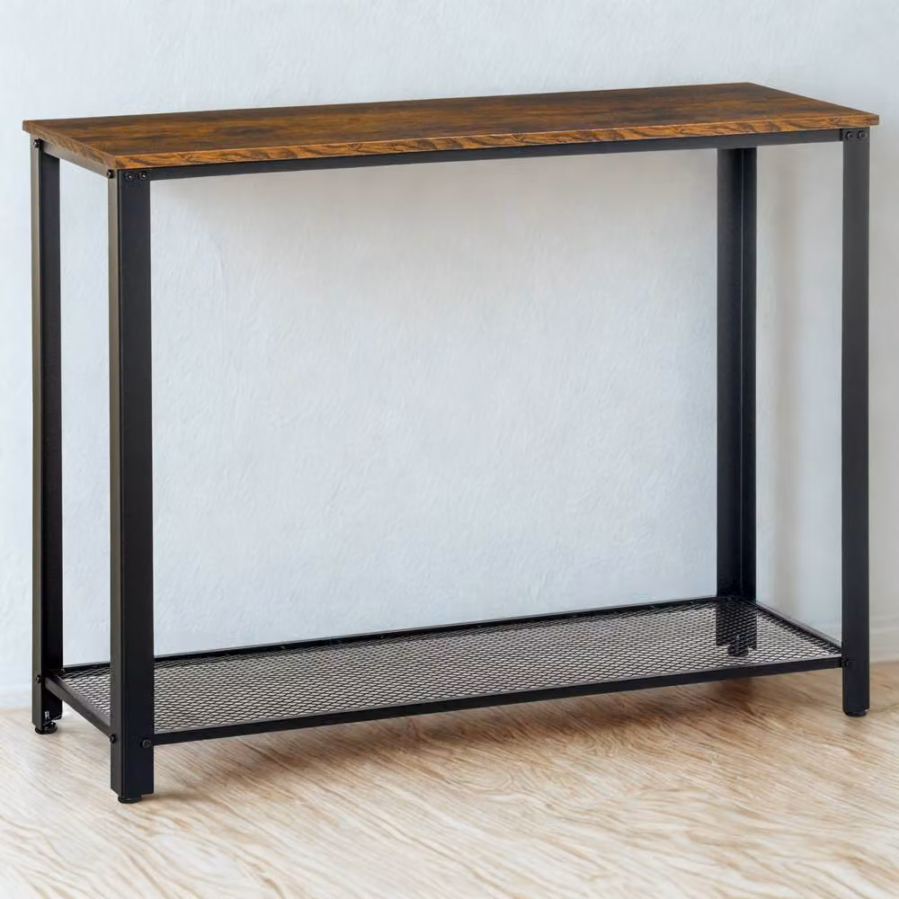 FURNOS Industrial 2 Tier Rectangular Console Table in Brown and Black, W/D/H: 101 x 35 x 80 cm – 2