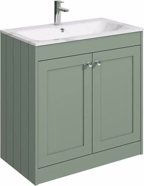 Balterley 800mm Floor Standing 2 Door Bathroom Unit with Stone Basin in Satin Green