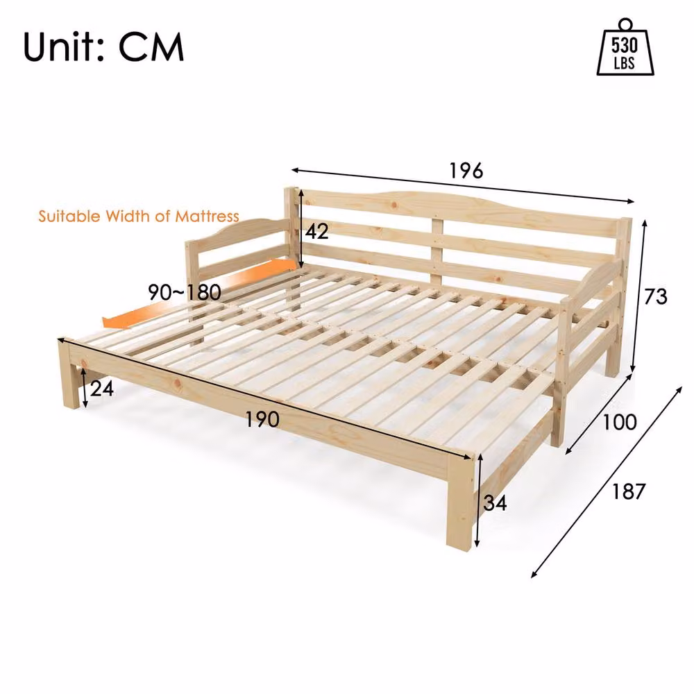 Rolipo Daybed with Trundle in Natural Pine Wood, W/D/H: 190 x 90 x 73 cm – 2