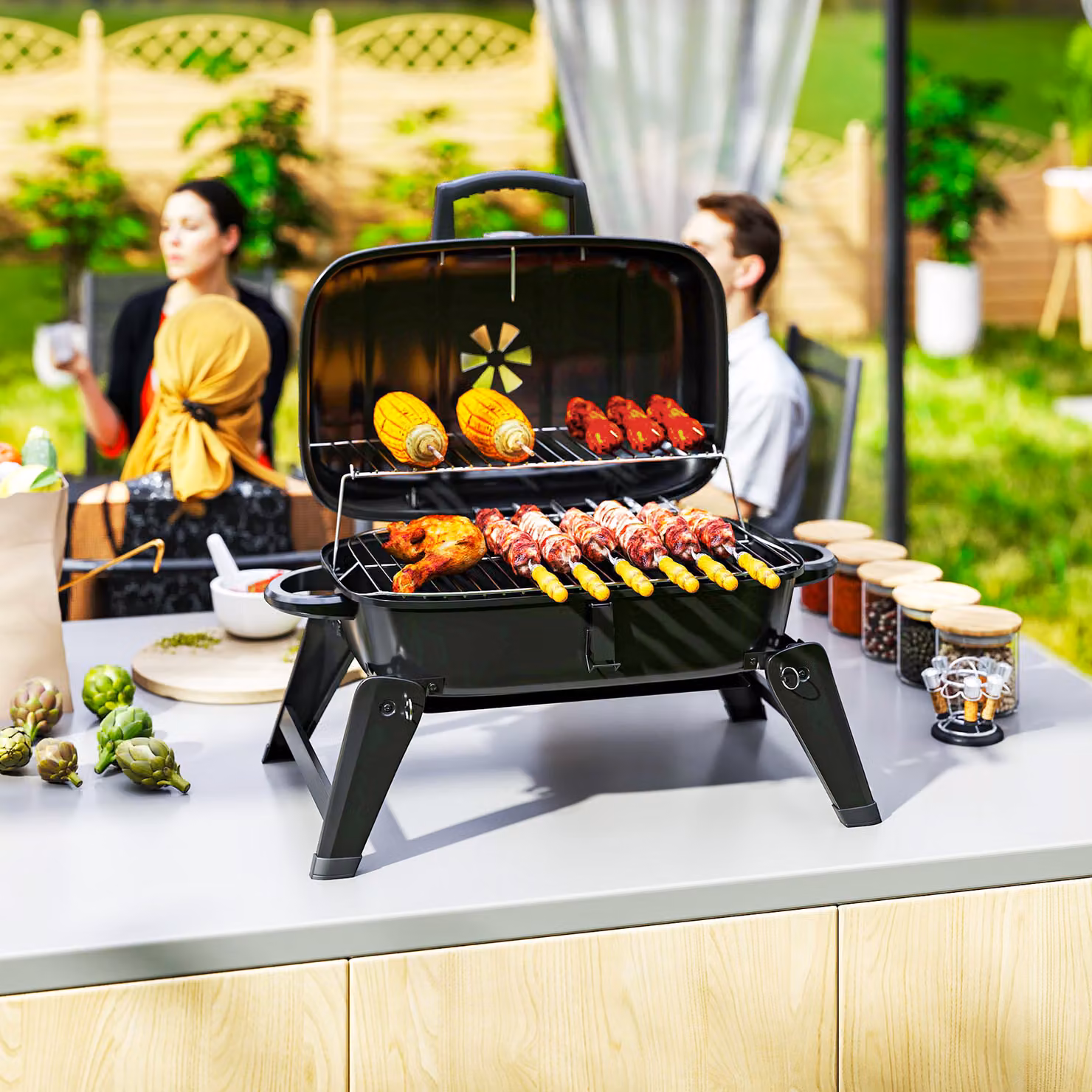 Outsunny Black Charcoal Kettle Barbecue Grill with 1232 cm² Cooking Area, Thermometer and Warming Rack – 9