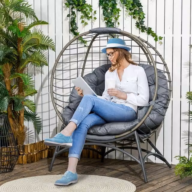 Outsunny Folding Rattan Egg Chair with Cushion in Grey