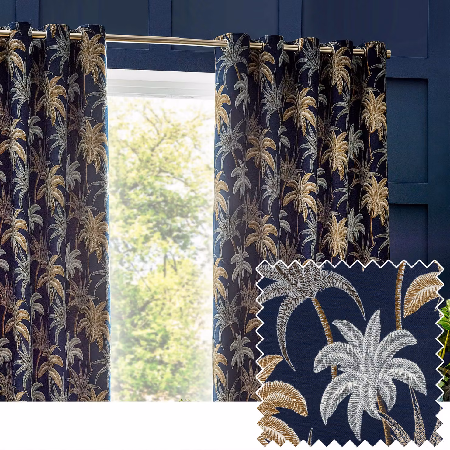 Wylder Tropics Galapagos Jacquard Eyelet Curtains in Navy Blue, Width: 117 cm, Drop: 183 cm – 5