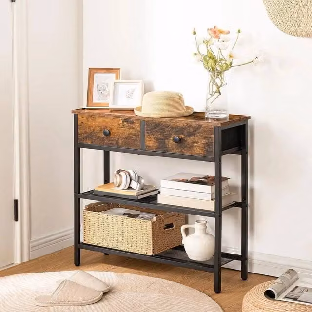 FORGEVIO Industrial Brown Console Table with 2 Non-woven Drawers – 1