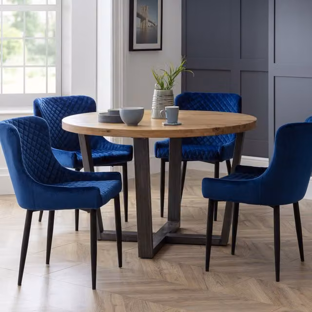 Julian Bowen Brooklyn Oak Round Dining Table and Blue Luxe Chairs Set