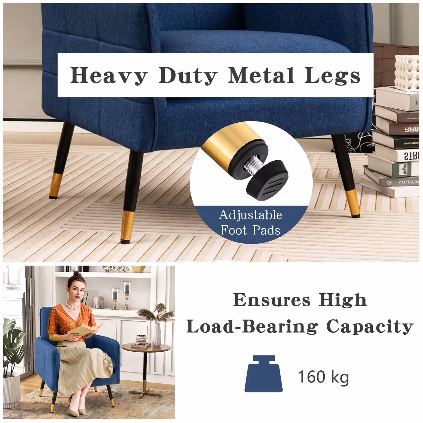 Costway Modern Upholstered Accent Armchair in Blue with Metal Frame – 8