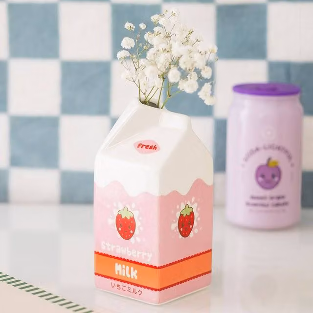 Uniqueful Strawberry Milk Carton Ceramic Flower Vase in Pink