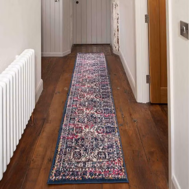 The Rug House Navy Blue and Pink Traditional Medallion Bordered Living Area Rug, Multicolour, W: 240 cm, D: 60 cm