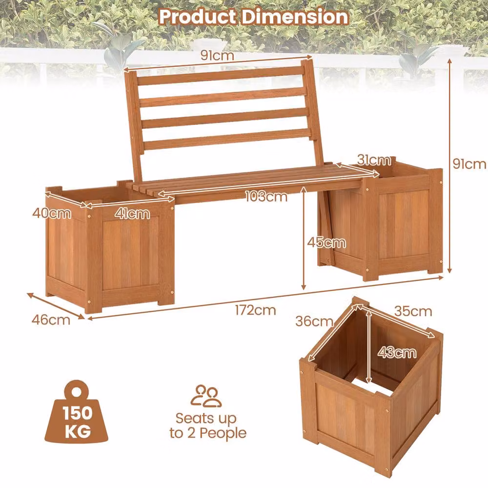 Costway Wood Outdoor Planter Box with Bench Seat and Backrest in Natural Brown – 4