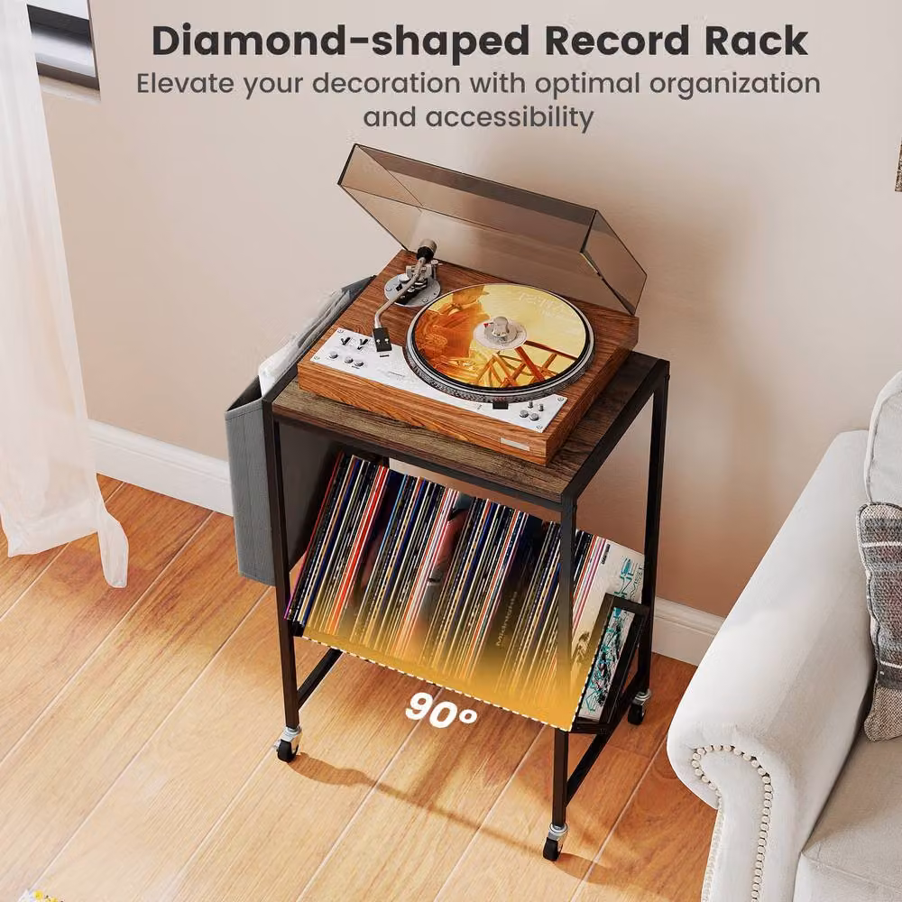 Gymax Brown Rolling Turntable Stand with Vinyl Magazine Holder and Media Compartments – 3