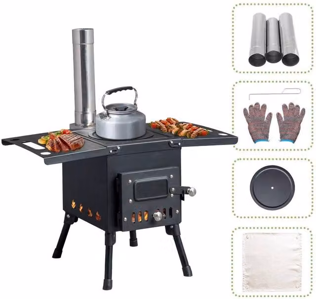 Kelvenix Portable Wood Burning Tabletop Cooking Stove in Black, W/D/H: 103 x 52 x 52 cm