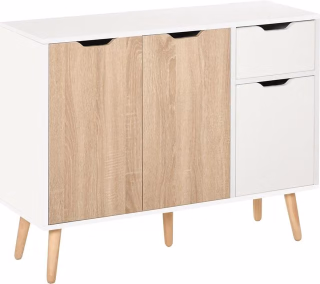 HOMCOM Scandinavian Style Sideboard Floor Standing Storage Cabinet with Drawer in Natural White and Multicolour