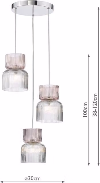 Dar AUB0303 Suspended Modern Glass Pendant Light in Silver and Chrome with Dimmable Height Adjustment