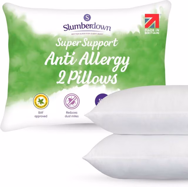Slumberdown 2 Pack Anti Allergy Super Support Firm Side Sleeper Pillows, White, W: 48 cm, H: 74 cm