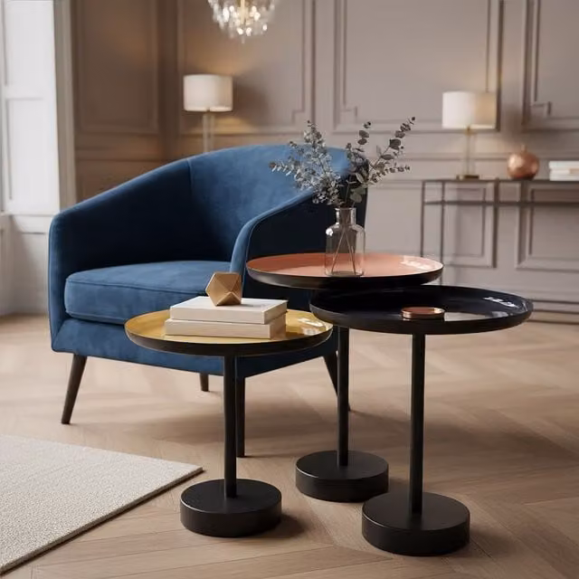 Orsina Set of Three Round Metal Tray Tables in Gold, Black and Pink