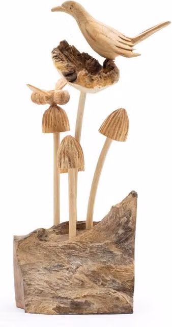 KDMD Brown Wood Carved Bird and Bee Mushroom Tabletop Scene Decoration