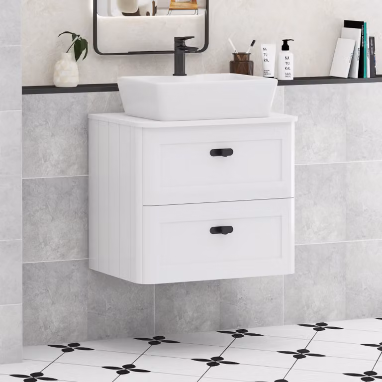 Royal Bathrooms Henley 600mm Gloss White Wall Hung 2 Drawer Vanity Unit with Plain White Worktop and Matt Black Knob