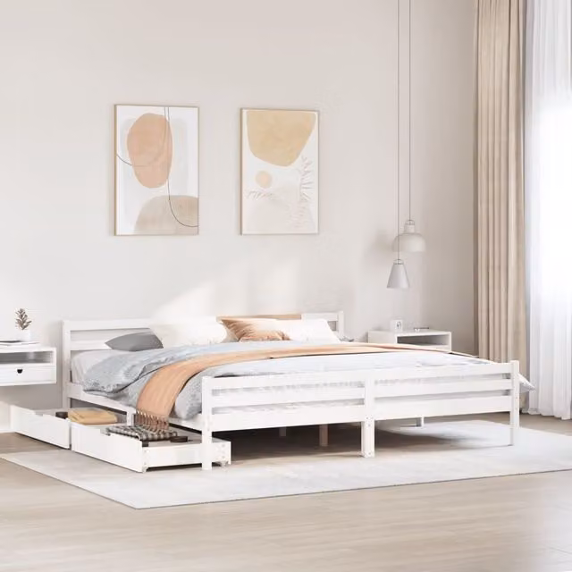 Berkfield Home White Solid Pine Wood Bed Frame with Drawers W/D/H: 200 x 200 cm