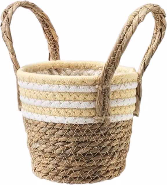 Kingsbury Gifts Round Striped Boho Tabletop Basket Planter in Yellow, White and Multicolour, Diameter: 13 cm