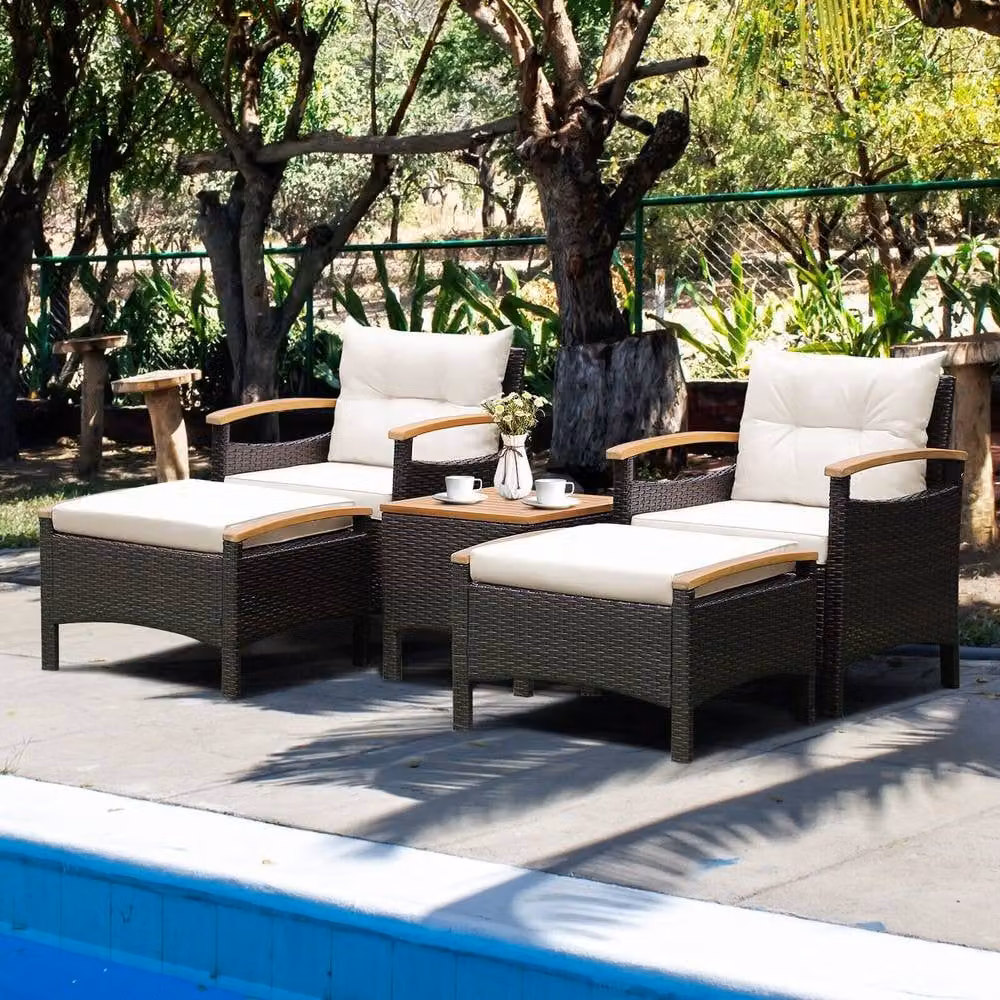 Costway 5-Piece Brown Rattan Patio Furniture Set with Upholstered Lounge Armchairs, Ottomans and Outdoor Coffee Table – 3