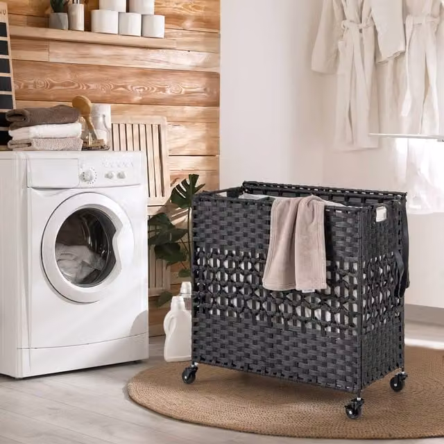 Costway 110L 2-Section Laundry Hamper with Lid and Wheels in Black