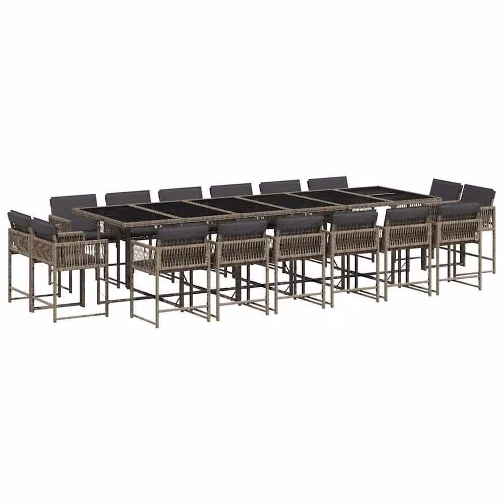 Berkfield Home 17 Piece Grey Poly Rattan Garden Dining Set with Cushions and Glass Top – 2
