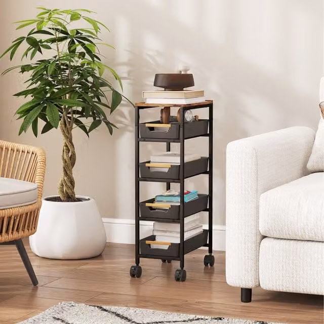 HOMCOM 5-Tier Metal Utility Storage Trolley on Wheels in Black